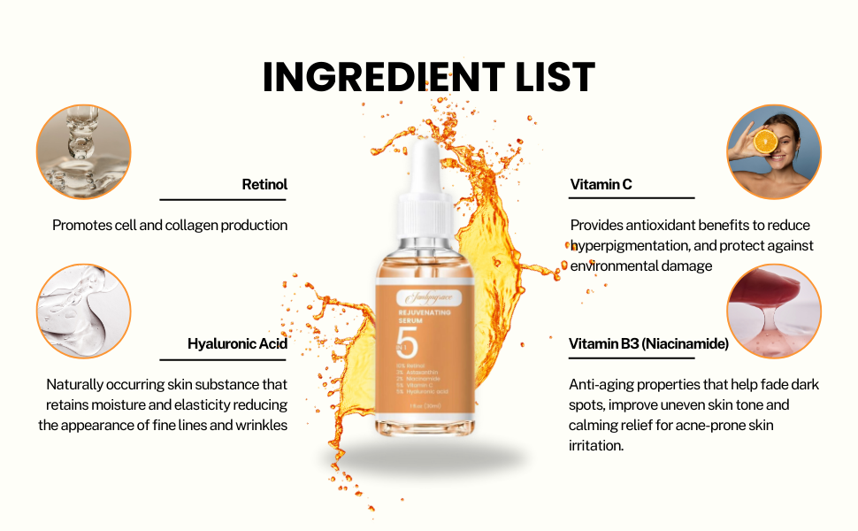 Janlyngrace 5 in 1 Serum with Retinol, Astaxanthin, Niacinamide, Vitamin C, Hyaluronic Acid(30ml / 1fl. oz)