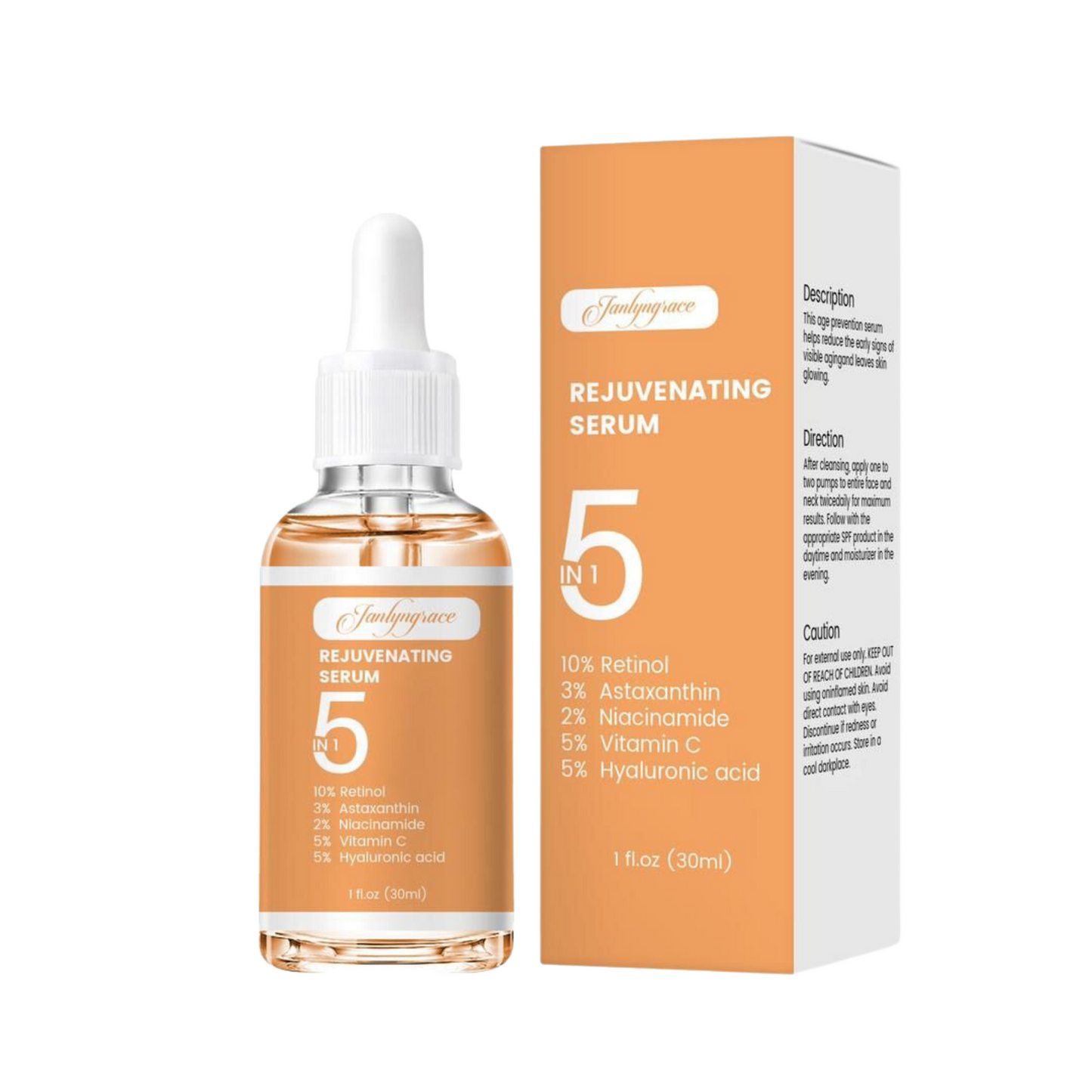 Janlyngrace 5 in 1 Serum with Retinol, Astaxanthin, Niacinamide, Vitamin C, Hyaluronic Acid(30ml / 1fl. oz)